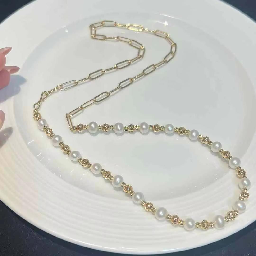 High-Quality 6-7MM Natural Potato Pearl Necklace with Sweater-Style Chain 60cm&6-7mm