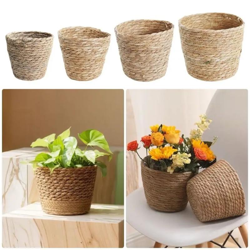 Rattan Stroh Geflochtener Pflanzkorb S/M/L Blumentopf Behälter für Garten Terrasse Balkon Haus Dekorative Möbel