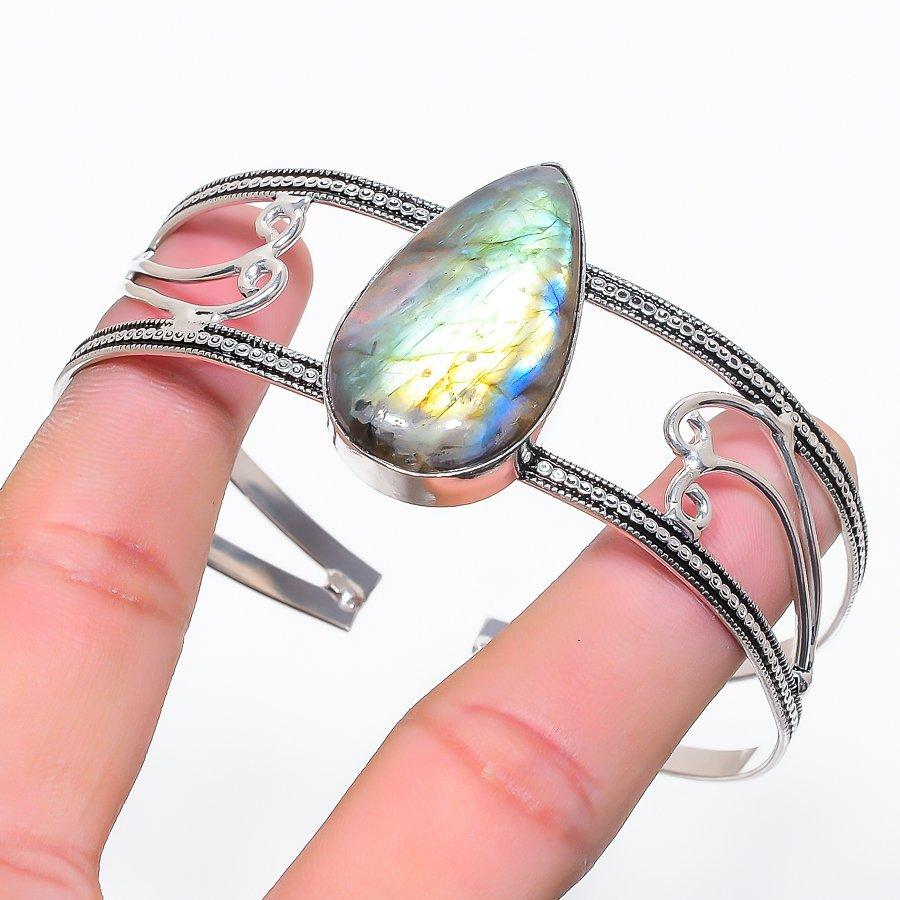 Natural Labradorite Gemstone 925 Sterling Silver Cuff Bangle Adjustable R0y70
