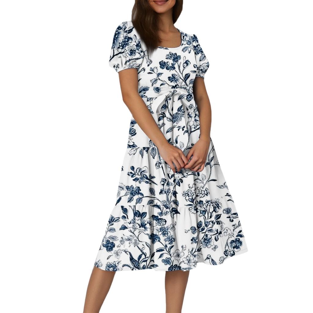 Women's Summer Floral Print Short Sleeves Neck Waistband Bohemian Flowy Layered Maxi Dress With Pockets