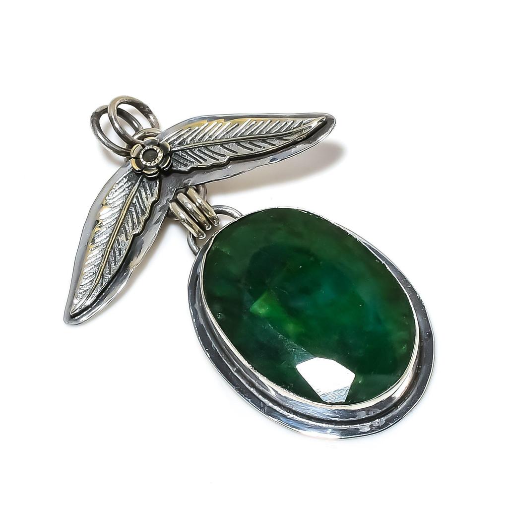 Emerald Gemstone Silver Pendant in 925 Sterling Silver- Handmade Design, Everyday Wear Jewelry, Unique Pendant Thanksgiving Gifts