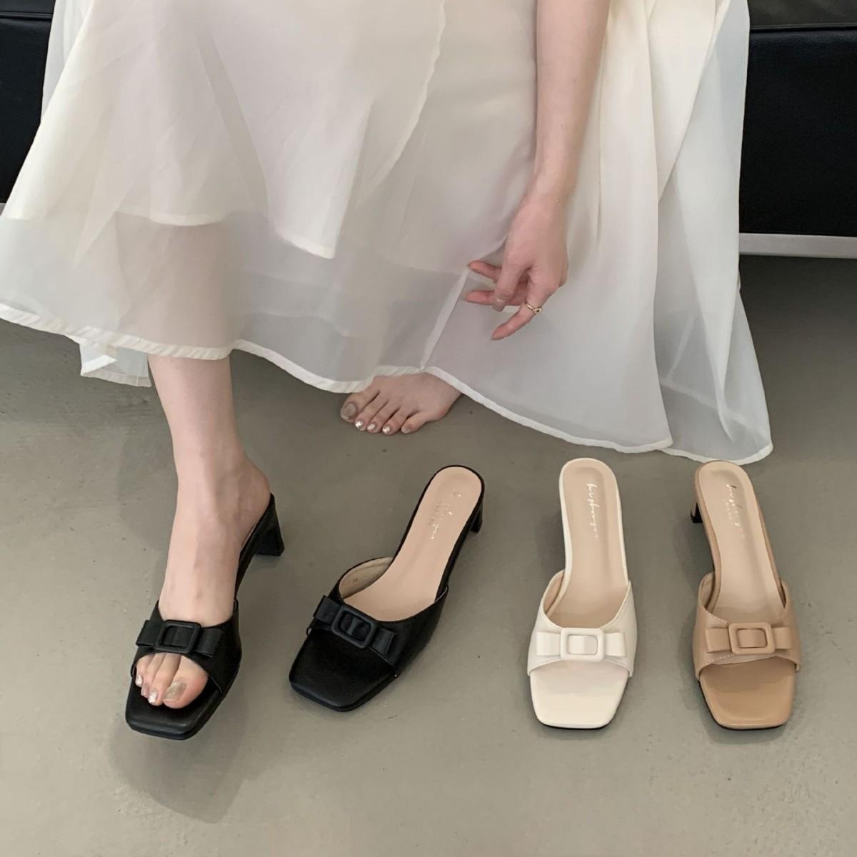 

In the summer of 2025, the new square head thick high-heeled open-toed catwalk is versatile OL lazy half-drag women s sandals. 40 бежевый