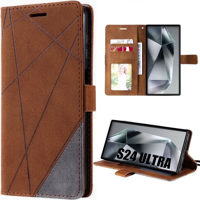 Coque à Rabat - Efconnection - pour Samsung Galaxy S24 Ultra - Effet Cuir - Marron - Portefeuille avec cartes