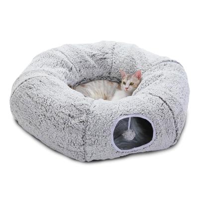 Cama Túnel para Gato de Estrada Brinquedo Proteção contra Frio de Inverno Fofa Peluda Vilosidades Longas Dobrável Rosquinha Redondo Túnel para Gato Economia de Espaço Pom Pom Casa de Brincar para Gato