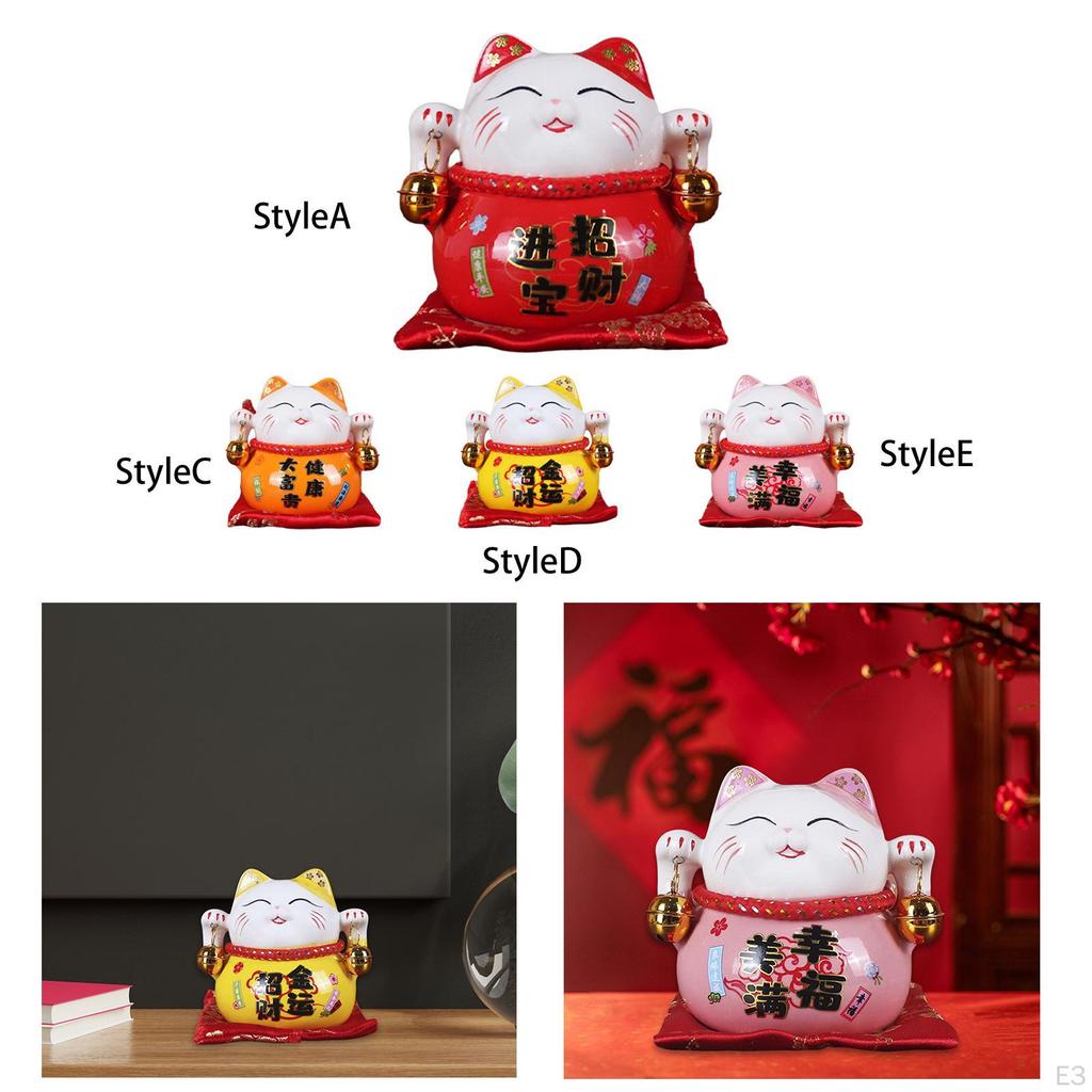 Cat Money Bank Animal Sculpture Saving Pot Jar Feng Shui Blessing Kitten Figurine with Bell