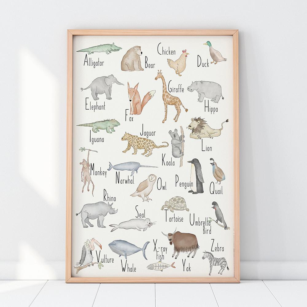 Alphabet mit Tieren Druck ABC Kinderzimmer Wandkunst Leinwandgemälde Babygeschenke Lehrposter Kinderzimmer Wandbild Heimdeko