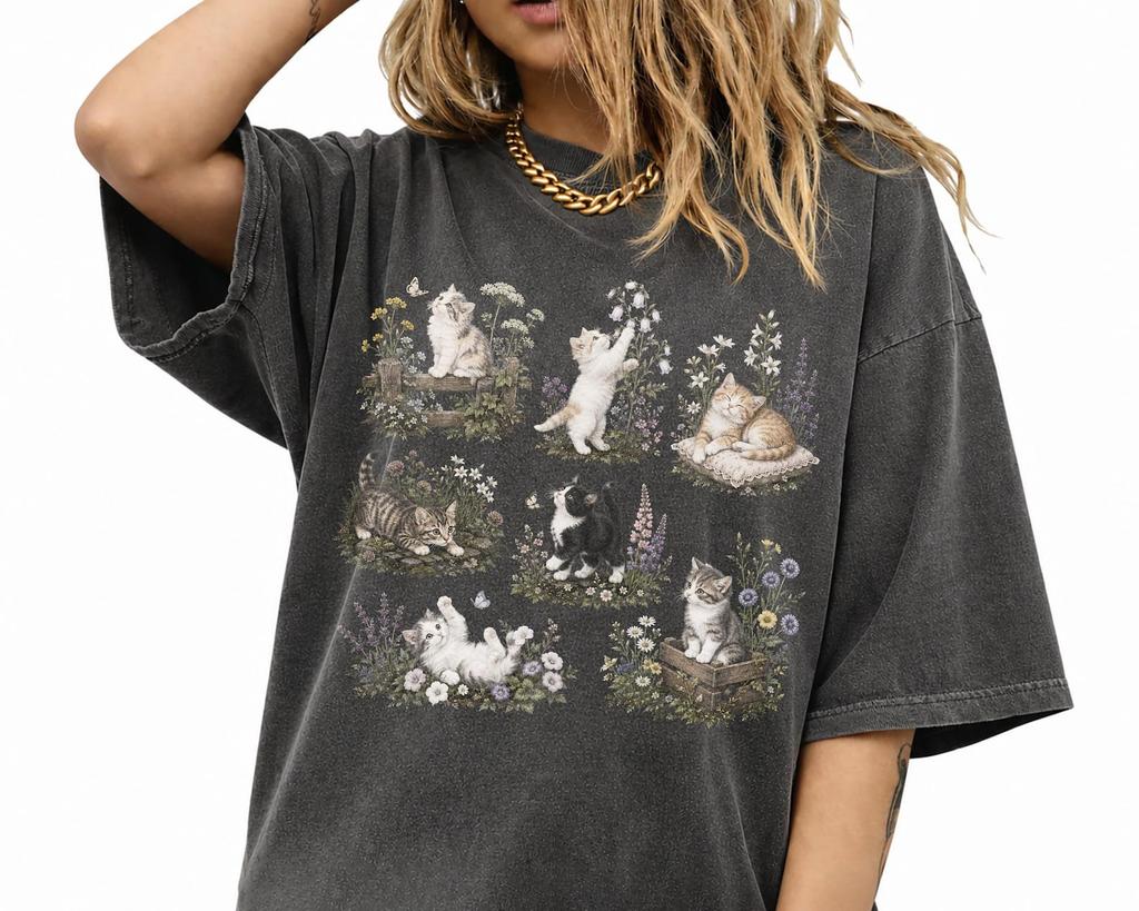 Vintage 90s Cats Graphic Tee, Comfort Colors Kitten Nature Shirt, Cottagecore Floral Top