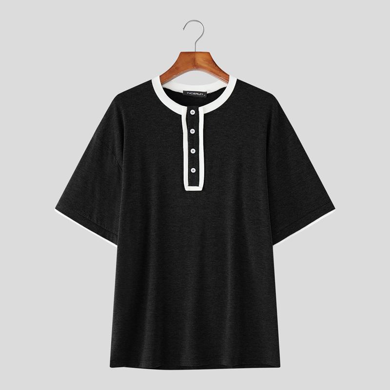 

INCERUN Men Round Neck Short Sleeve Stitching Casual Loose T-shirts 4XL чёрный
