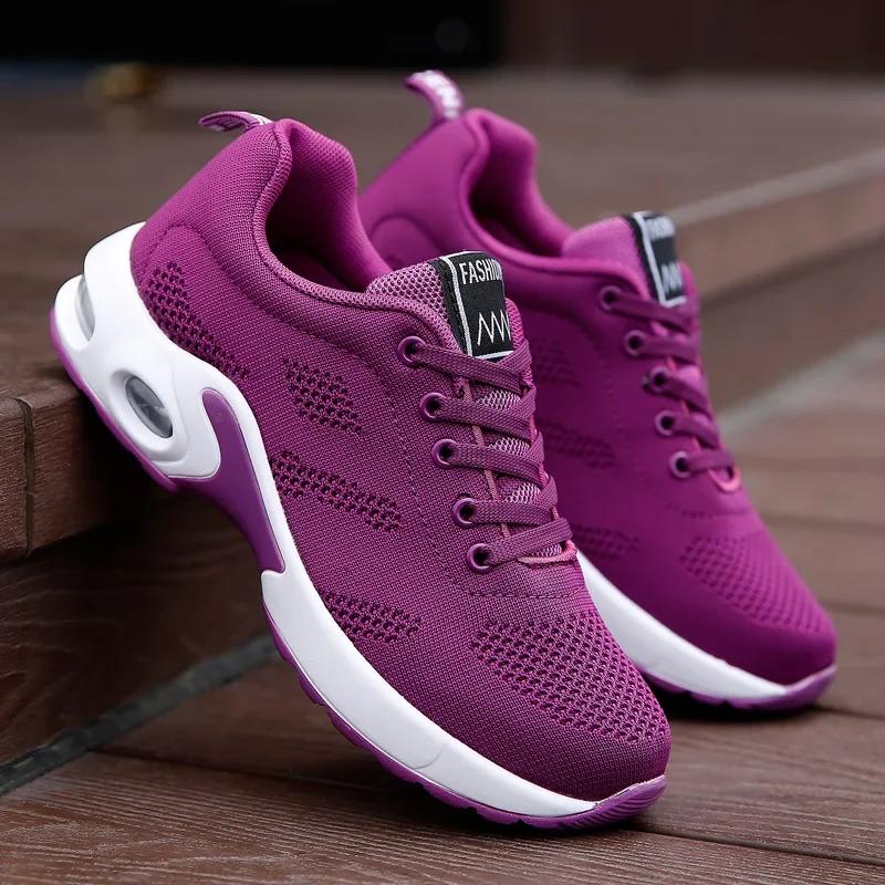 Women's Shoes Trendy Air Cushion Cushioning Running Shoes Fly Woven Mesh Breathable Design Track Field Jogging Lace Up Shoes