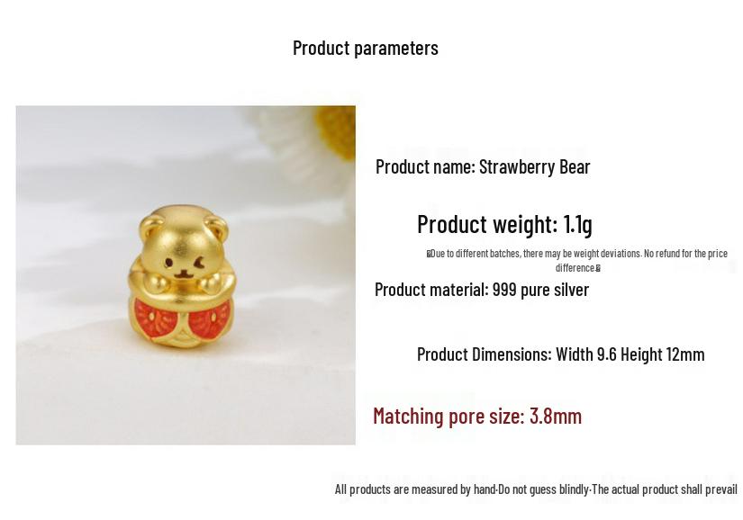 Handmade Sterling Silver 999 Strawberry Bear Macaron Jewelry Charm