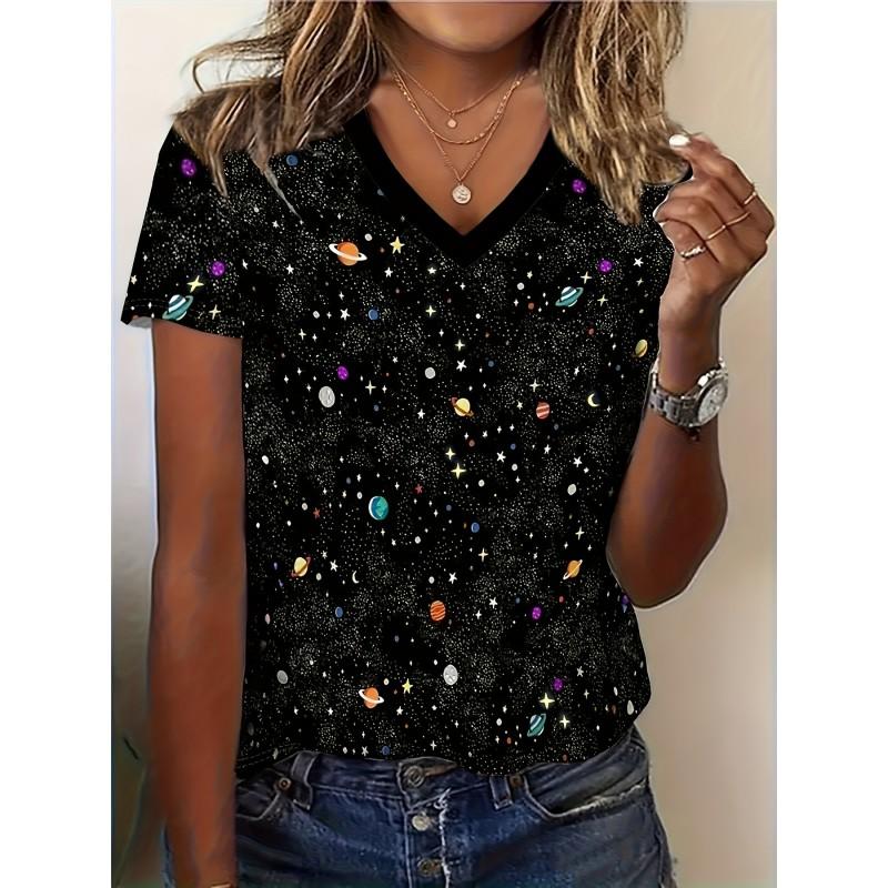 Womens V-Neck Loose Fit Short Sleeve T-Shirt With Colorful Geometric Starry Print Casual Top