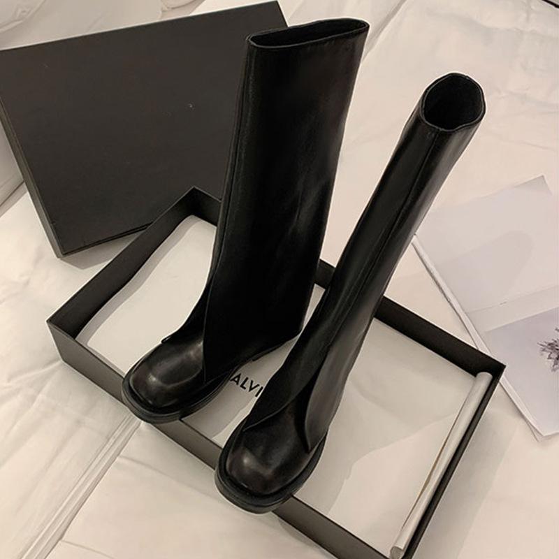 Natūralios odos kaubojiški batai moterims Madingi ilgaauliai moteriški kvadratiniai aukštakulniai tendencija žieminė avalynė