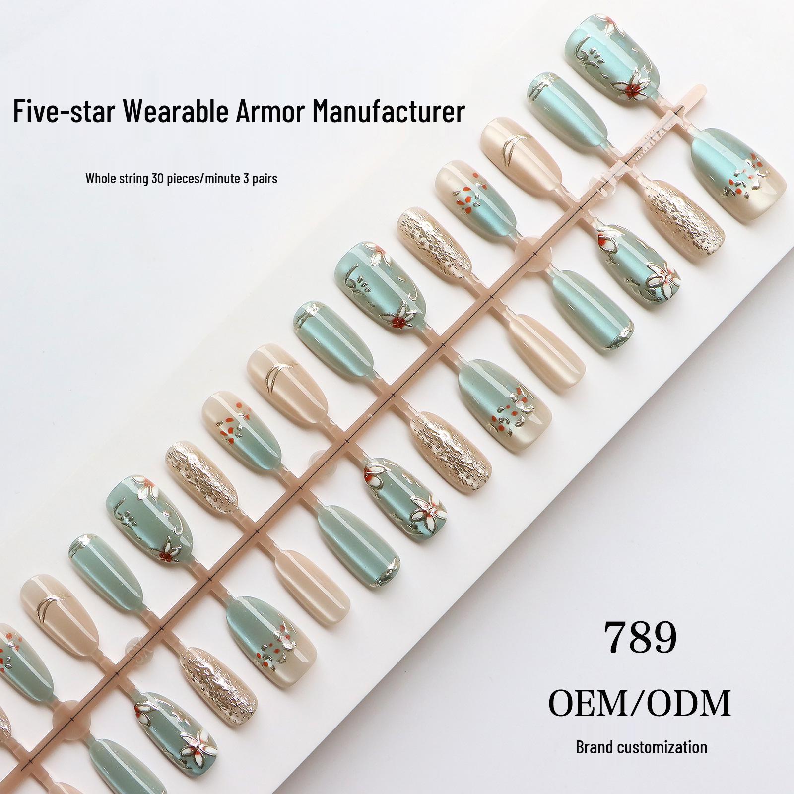 Carved Milk Blue Flower Cat Eye Fog Beauty Nails - Transparent Oval Ice Tips