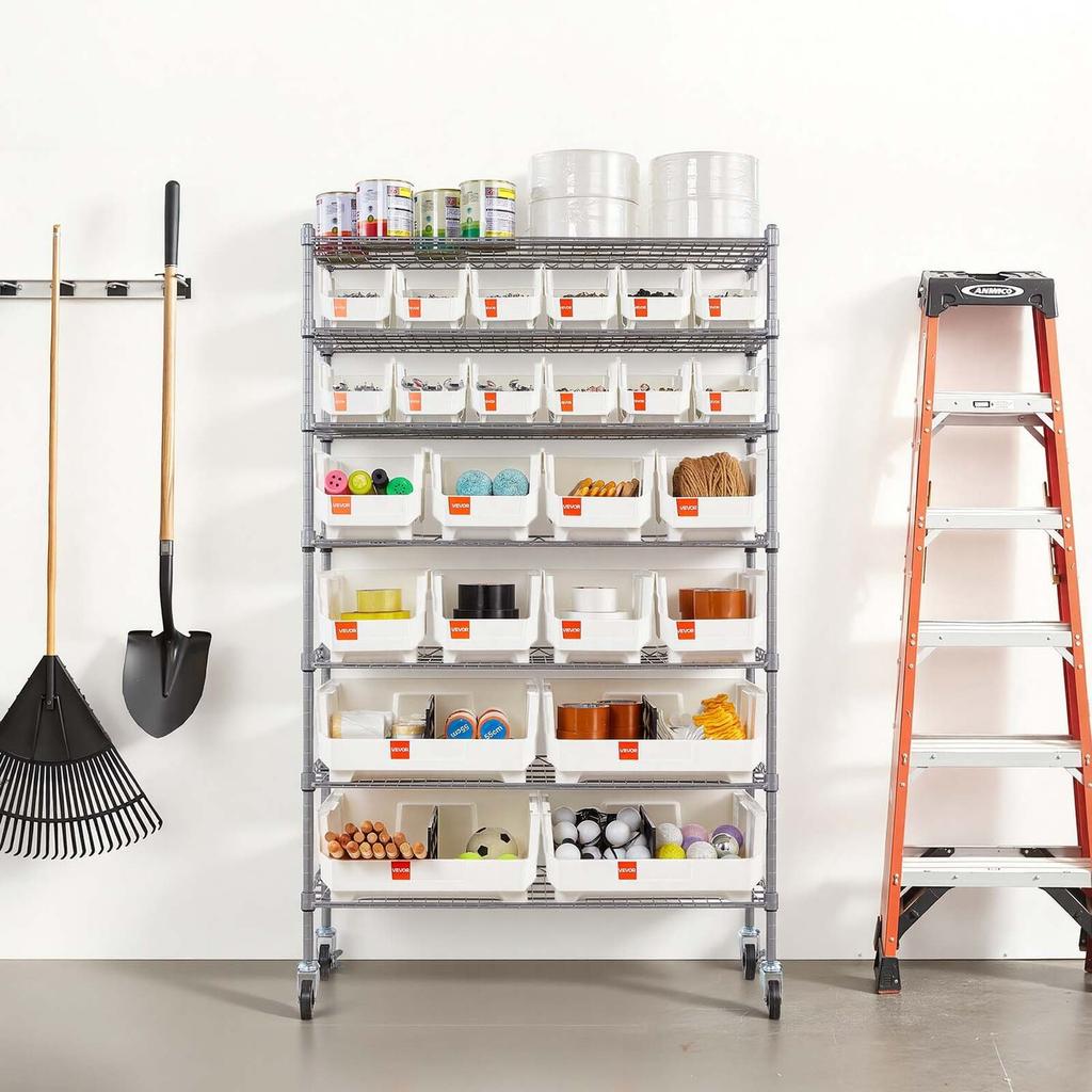 7-Tier Rolling Bin Storage Rack, 24 Organizer Bins, Bin Rack Storage Steel Wire Shelving System with Wheels, Mobile Tool Organizer for Garage,