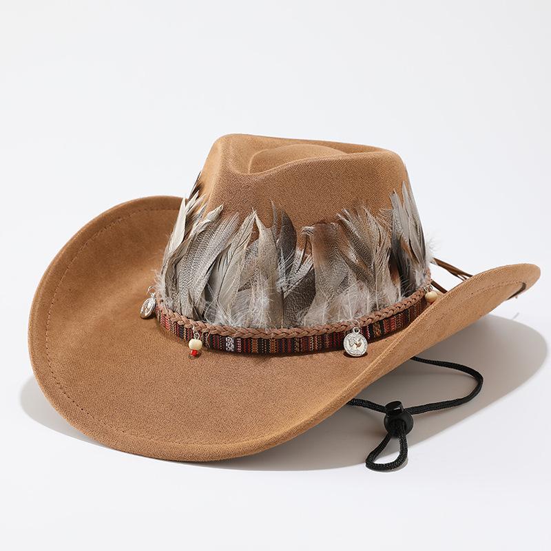 Big eaves western cowboy hat men's autumn and winter suede woolen top hat women's Tibetan feather jazz hat retro style
