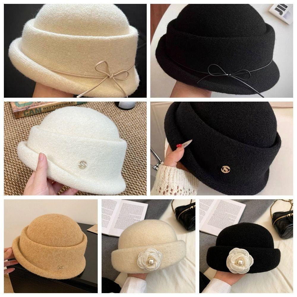 Pearl Woolen Bucket Hat Bow Wool Fisherman Hat Fashion Basin Hat  Outdoor
