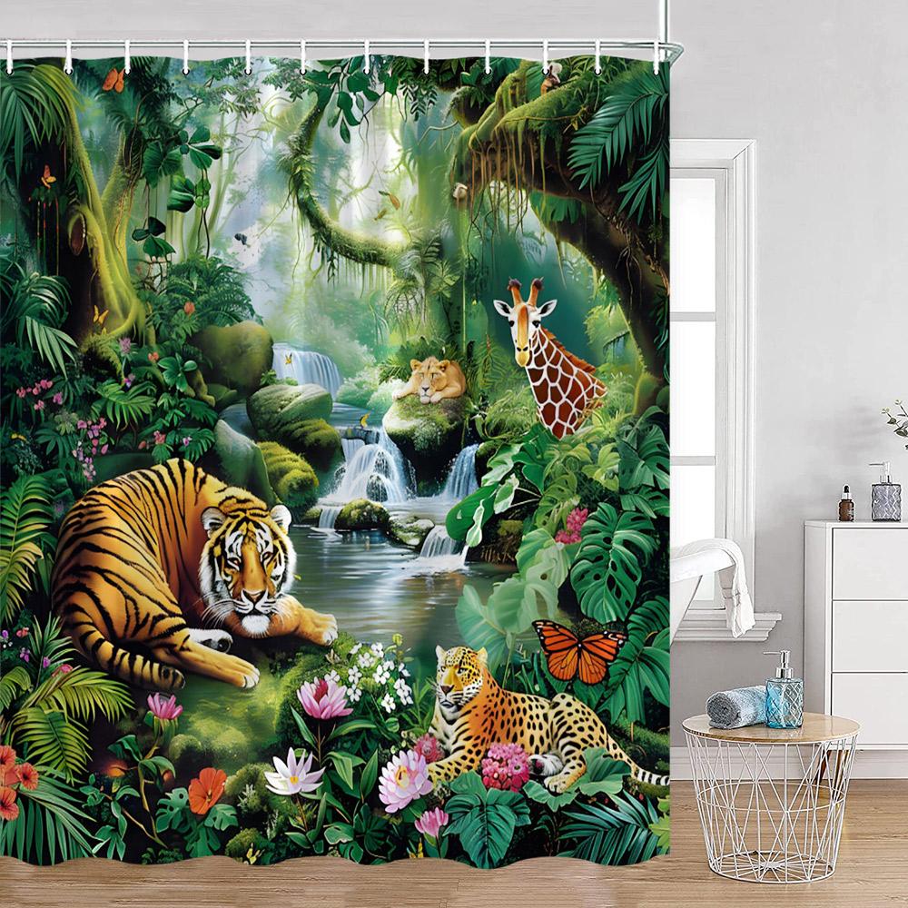 

Wild Animals Shower Curtain Tiger Forest Elegant Panther Green Palnts Rose Floral Home Decor for Bathroom Polyester Bath Curtain 180x180cm-70x70in