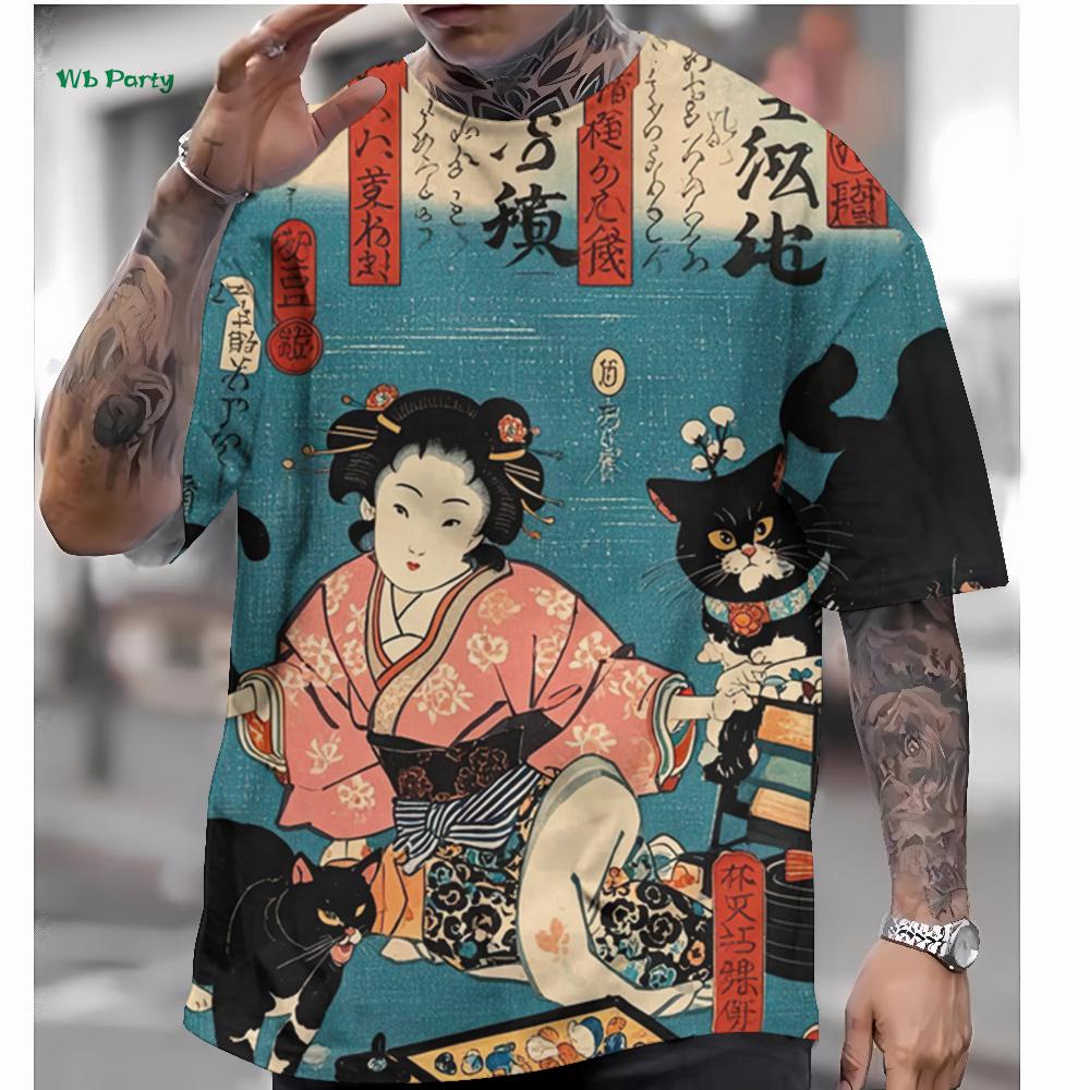 Japanese Style Men's T-Shirt 3D Ukiyo-E Pattern Short Sleeve T-Shirt Oversized Casual Tops Summer Men's Outdoor Casual Clothing