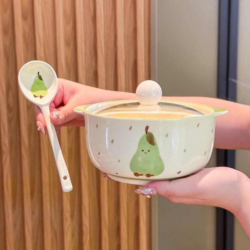 Ins High-value Fruit Croissant Ceramic Instant Noodle Bowl with Lid Binaural Soup Bowl Student Dormitory Instant Noodle Bowl