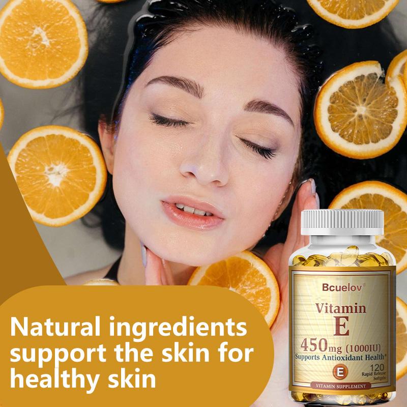 Vitamin E 450 mg (1000 IU) supports antioxidant activity and is beneficial for hair, skin, nails, and eye health. 120 capsules