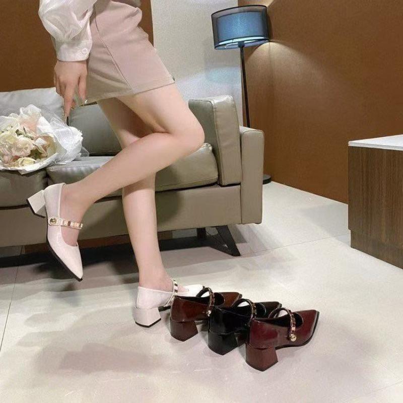 French Pointed Toe Mary Jane Single Shoes Women's 2025 Fall New Shallow Mouth Block Heel Pump Shoes