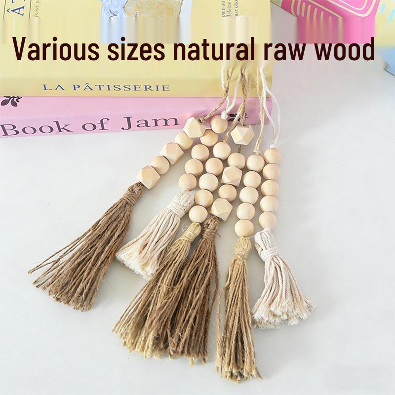 Nordic Style Tassel Wood Bead Hanging Ornament - DIY Handmade Jewelry Accessory with Hemp Rope and Original Wood Color Decor.