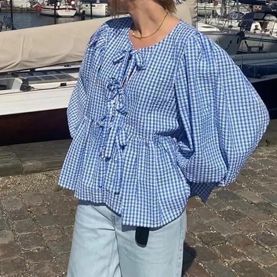 2024 Sweet Casual Puff Sleeve Tie-Up Shirt