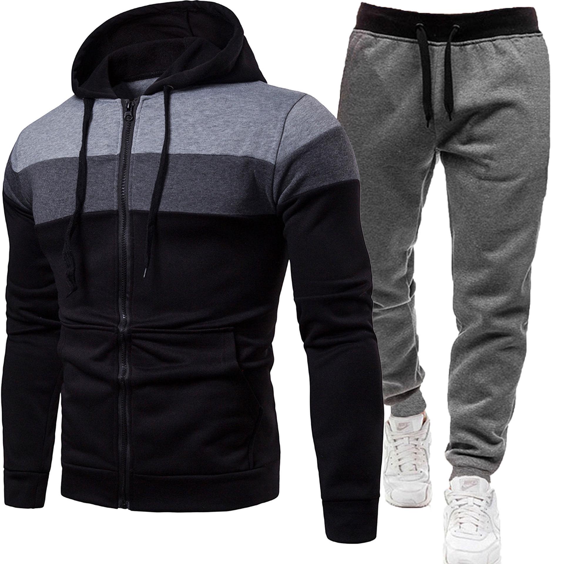 

Мужской повседневный спортивный костюм 2024: Комплект из двух предметов: куртка с капюшоном в стиле пэчворк и длинные брюки для весны/осени. XL