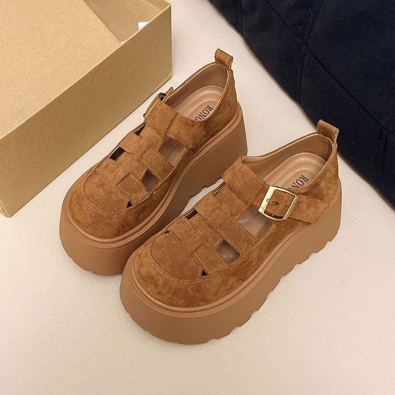 

Mary Jane single shoes bag head sandals women s new spring and summer platform heightening shoes hollow hole shoes 35 верблюд