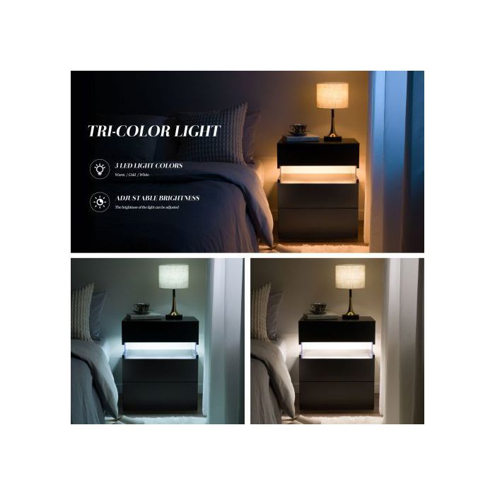 Table De Nuit LED - MUVOE - Noir - 3 Tiroirs - Panneau Acrylique - Éclairage Multicolore