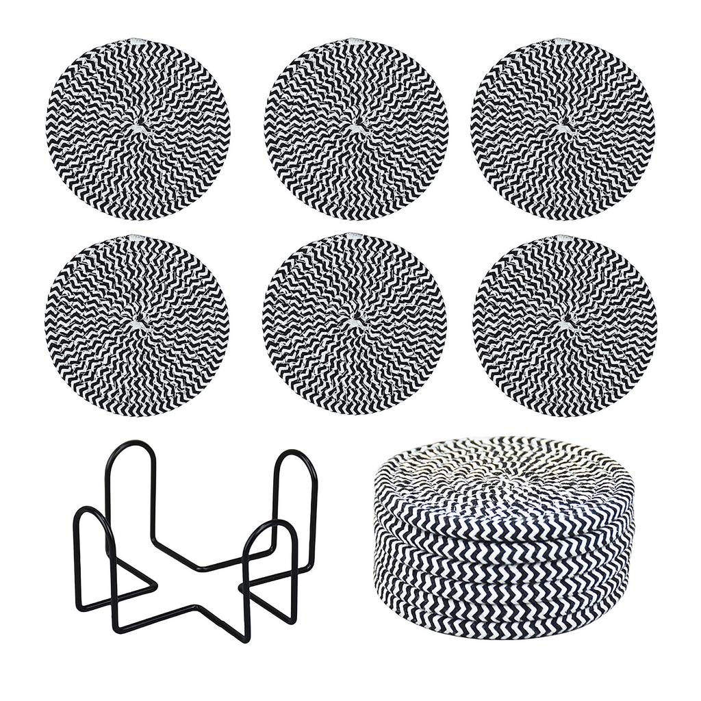 Set of 6 Round Woven Cotton Yarn Placemats with Non-Slip Heat Resistant Surface and Metal Storage Rack for Dining Table Protection