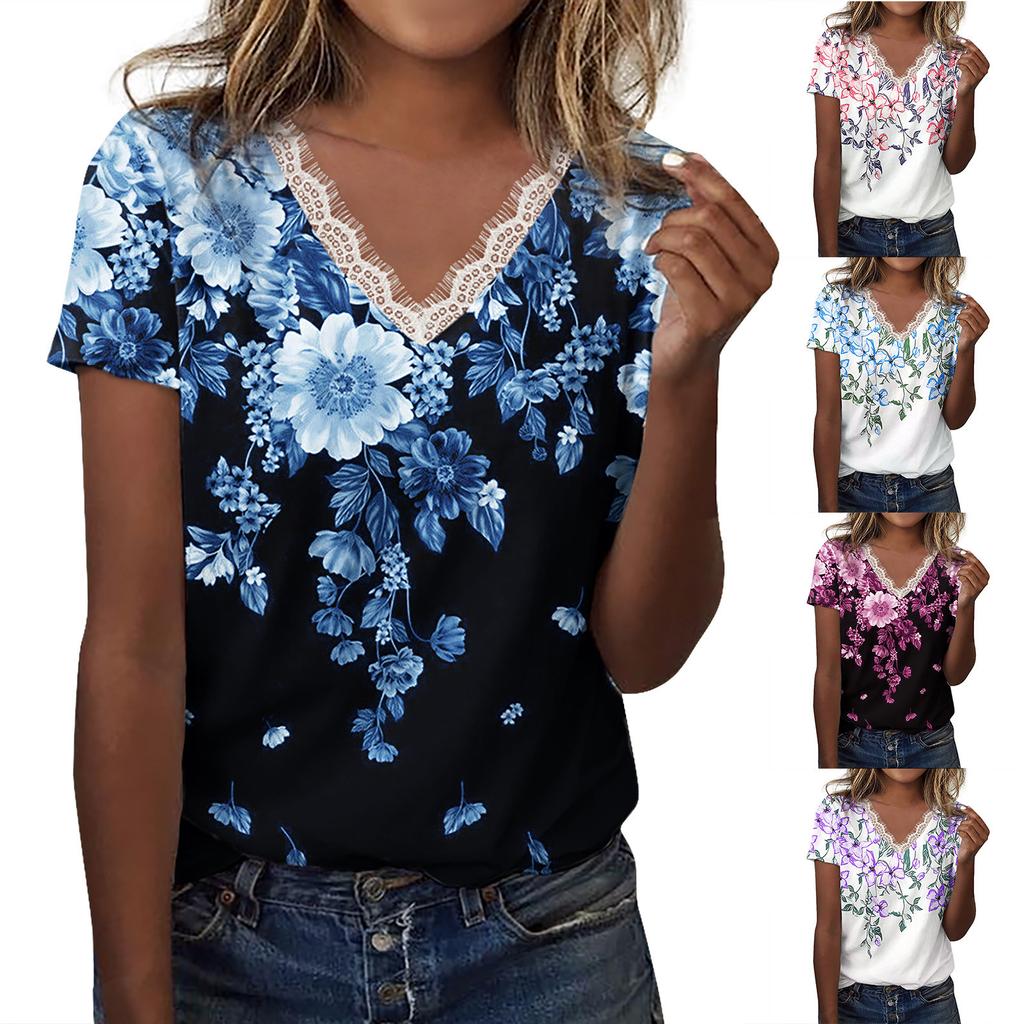 Lace Short Sleeve T-Shirt V Neck Cotton Summer Casual Tops Tee Shirts