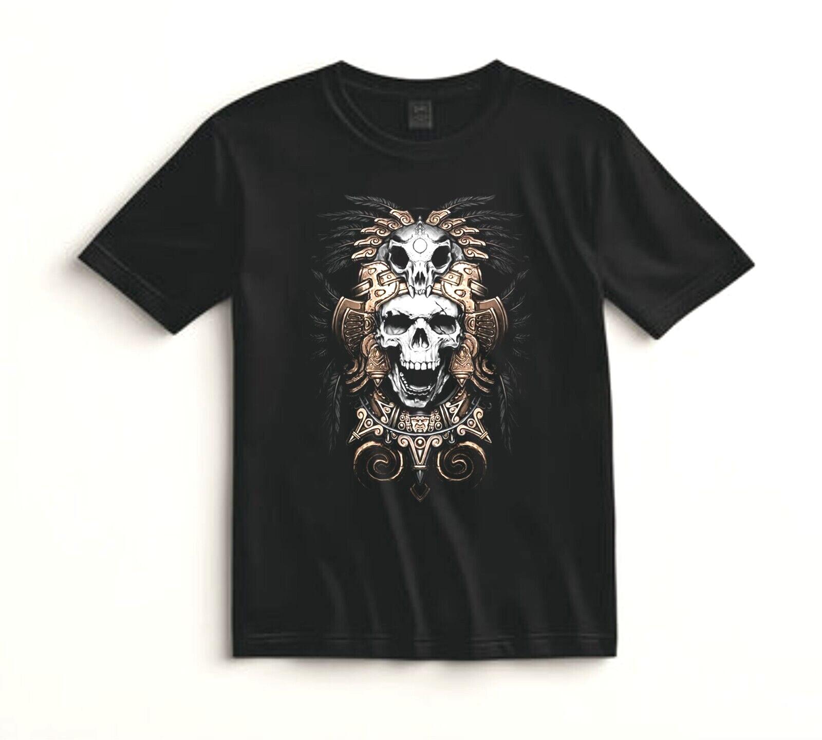 Aztec Skull Shirt Tribal Warrior Art Graphic Tee Gothic Hispanic Culture Gift S
