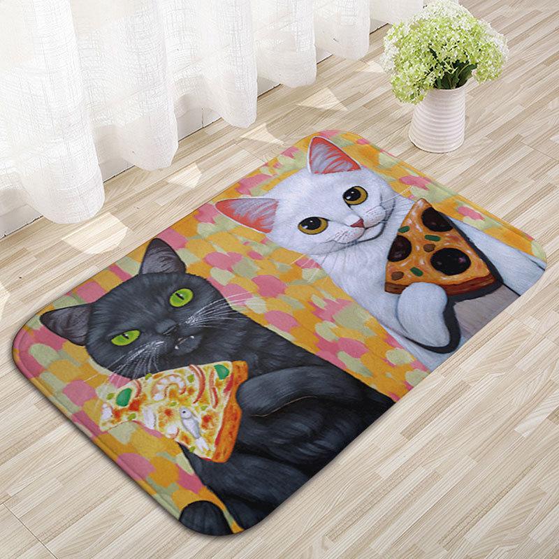 Funny Pizza Cat Door Mat Cute Cat Eating Pizza Print Non-Slip Entryway Rug Cartoon Cat Themed Floor Carpet for Front Door 40x60cm