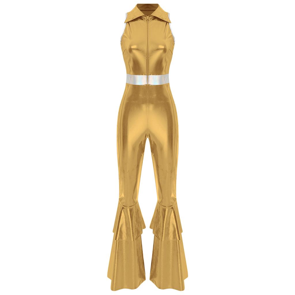 Women Shiny Metallic Jazz Modern Dance Jumpsuit 70s Disco Theme Party Singer Dancer Cosplay Costume for Halloween Carnival Rave