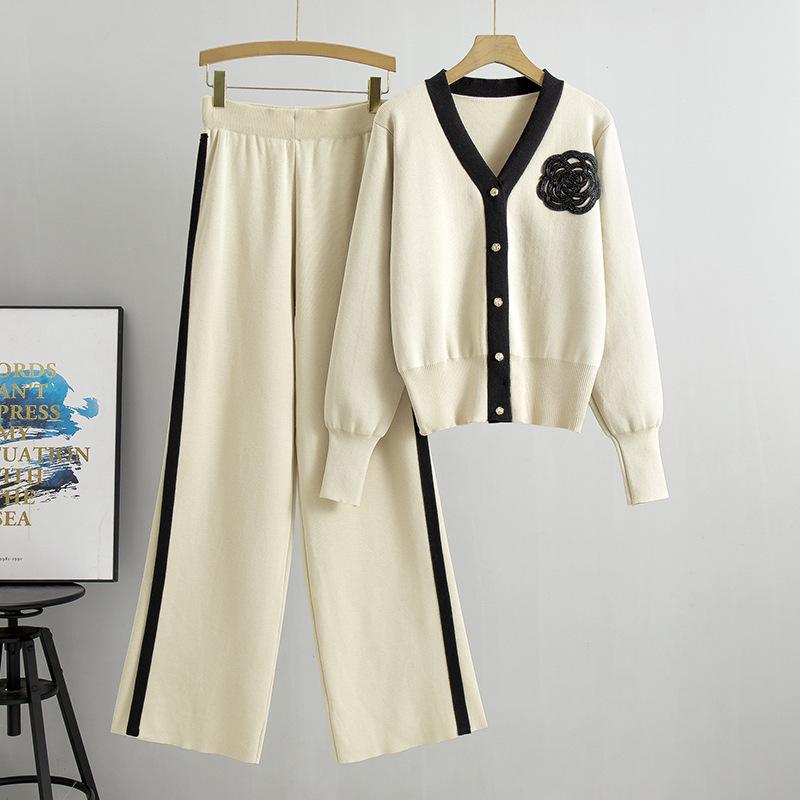 2025 Herbst/Winter Damen Strick-Cardigan & Weitbein-Hosen Set
