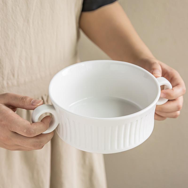 High Value Ceramic Characteristic Relief Binaural Bowl Solid Color Tableware Bowl Household Soup Bowl Yogurt Dessert Bowl Vegetable Bowl Noodle Bowl