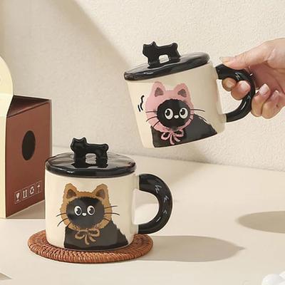 Niedliche Katze Keramiktasse mit Deckel Kaffeetasse Trinkbecher Bürogeschenk Praktisches Geburtstagsgeschenk