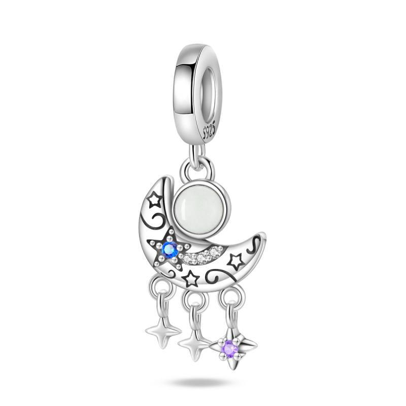 Graceful copper Stars Moon Blue Feather Dream Catcher Dangle Charm Compatible With Authentic Bracelets Exquisite Gift Ideal For women