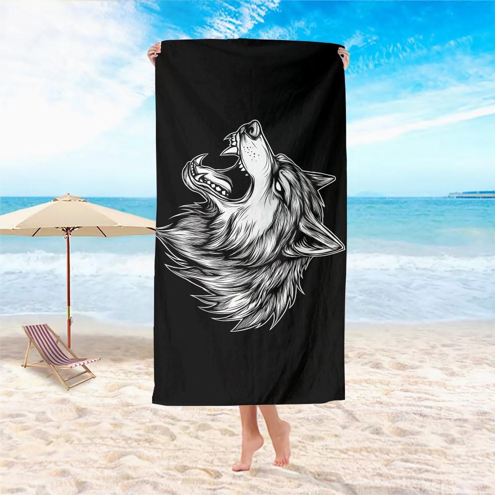 1pc Microfiber Large Beach Towel with Wolf Design - Extra Absorbent, Quick-Drying, Lightweight & Compact for Travel, Swimming