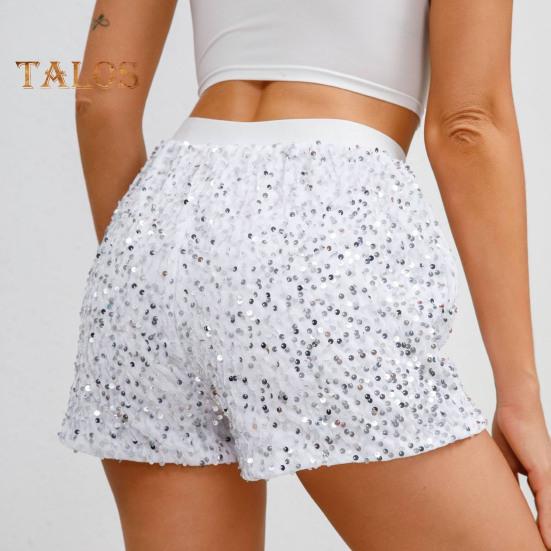 מכנסיים קצרים למועדון נשים נצנצים נצנצים מותניים אלסטיים גבוהים קפלים רכים Slim Fit באורך אורך הברכיים באורך מופע ריקוד פסטיבלי מסיבת מיני שורטס