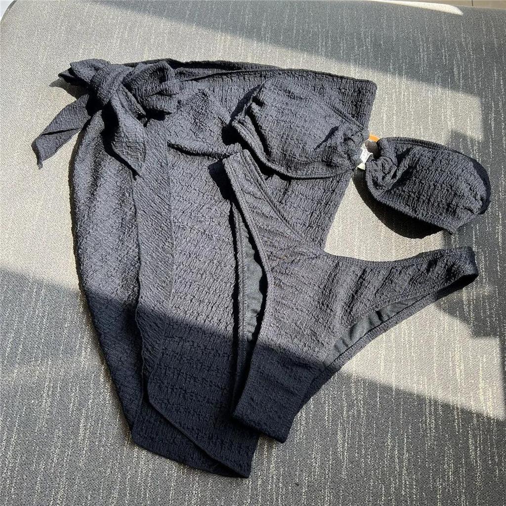 With Sarong Bandeau Strapless Wrinkled Bikini Women Swimwear Female Swimsuit Three-pieces Bikini Set Bather Bathing Suit