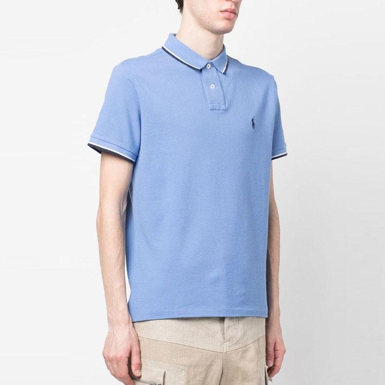 Polo Ralph Lauren Solid Color Small Logo Embroidered Striped Trim Short Sleeve Polo Shirt Men tops Blue 710842621-006