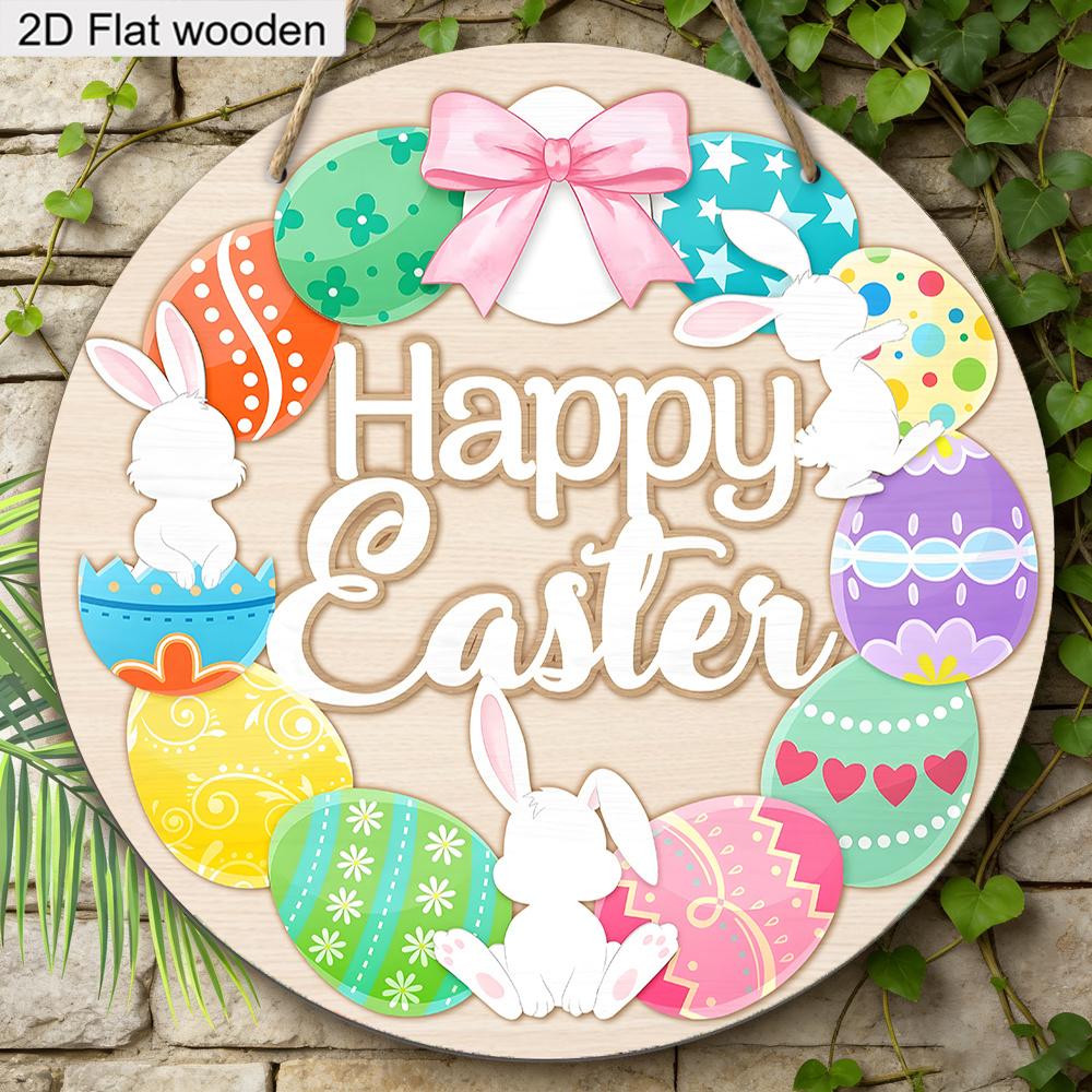 Happy Easter Bunny & Egg Wreath Wooden Sign, Round Front Door Decor, Colorful Spring Wall Hanging - Ideal Easter Gift
