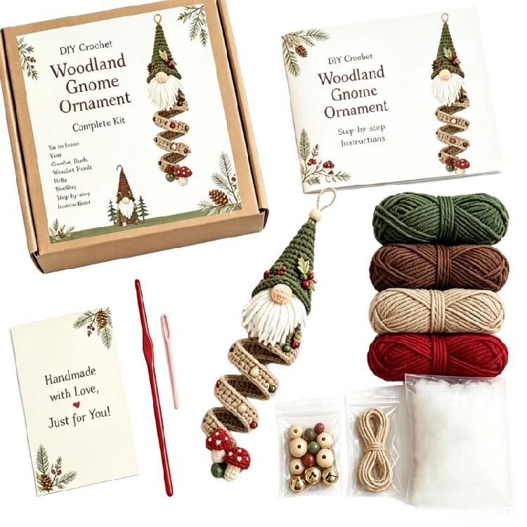 Crochet Dwarf Set with Printed Instructions and Knitting Supplies, Hanging Ornament Making Set for Shelf or Tree Decoration