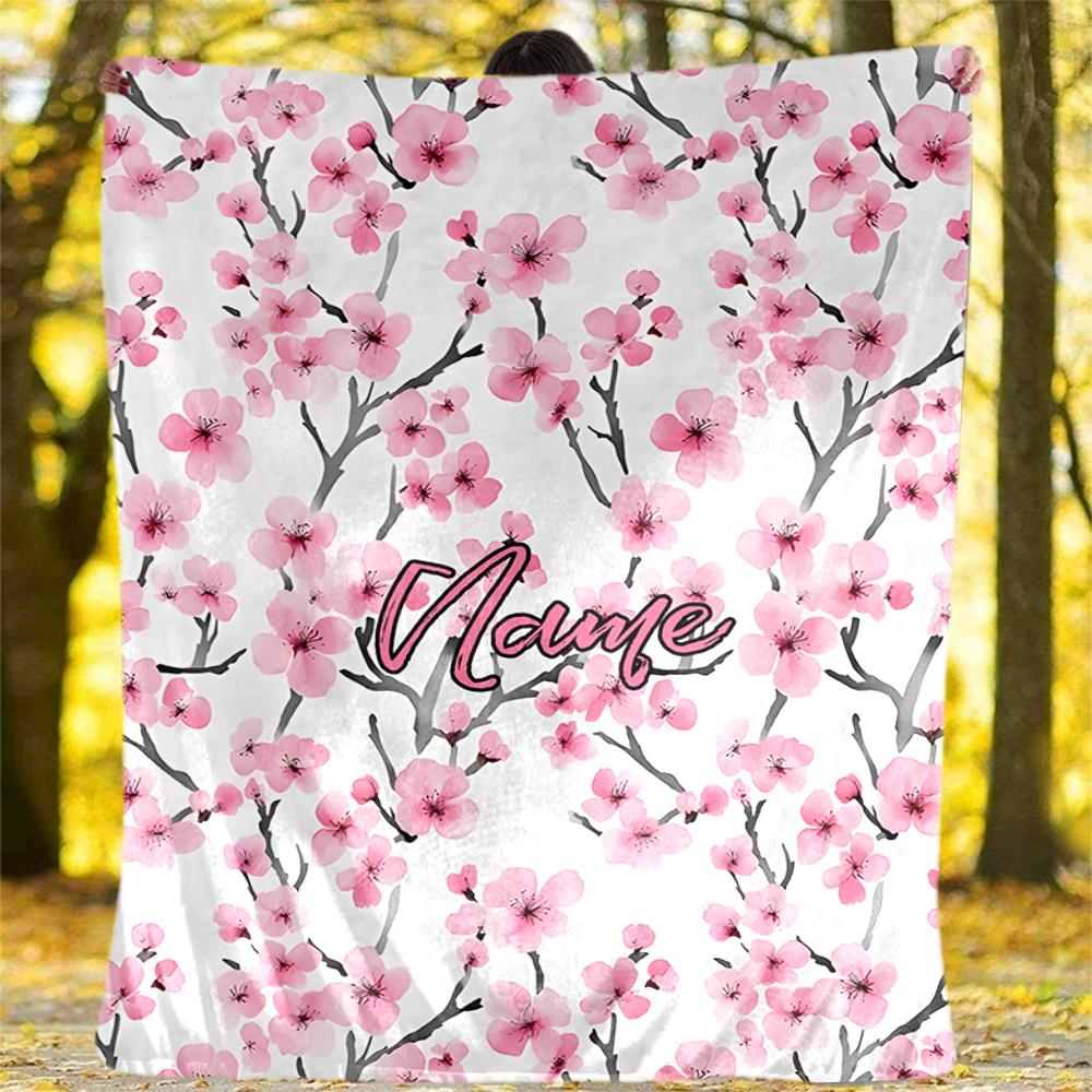 Cherry Blossom Floral Design With Elegant Name Flannel Outdoor Blanket Gift Blanket Comfortable And Soft Lightweight And Portable Suitable For All