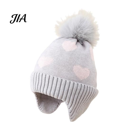 Cute Pom Knit Hat Kids Winter Hat, Warm Soft Pompom Cozy Gift for Children Heart Pattern, Earflap Boys Girls Toddlers Breathable