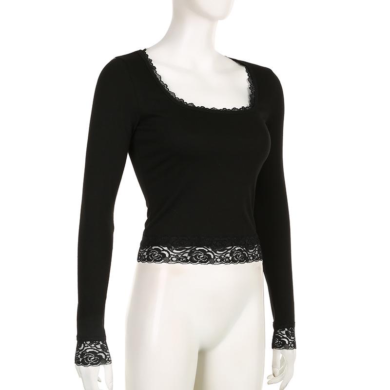 Sexy U-Neck Lace Bow Slim Fit Long Sleeve Y2K T-Shirt for Spring & Autumn