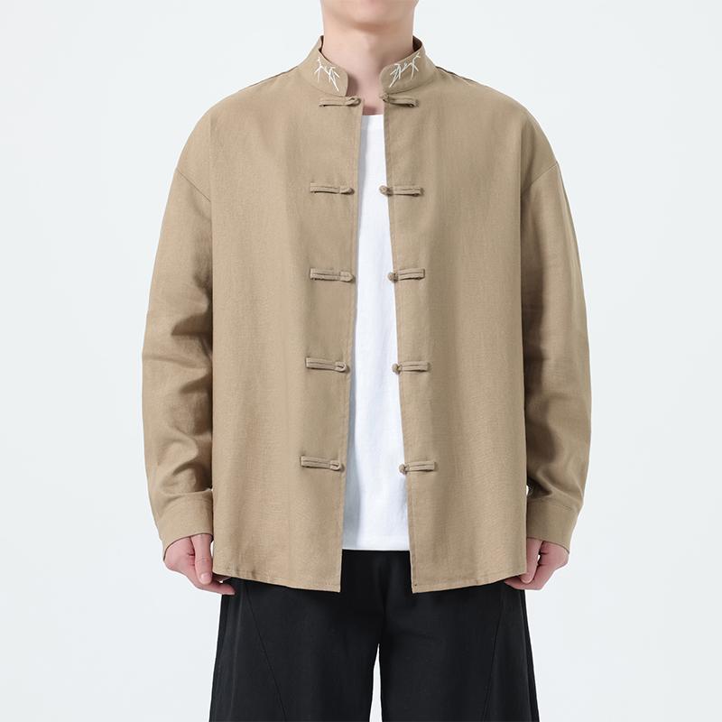 2025 Autumn Men Chinese Style Bamboo Embroidery Shirt Men Long Sleeve Loose Lazy White Shirts Men Cotton Linen Hanfu Tops