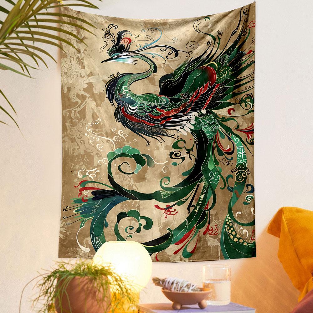 Colorful stylized phoenix with ornate feathers on a textured background. Patterned tapestry for bedroom and living room home decor